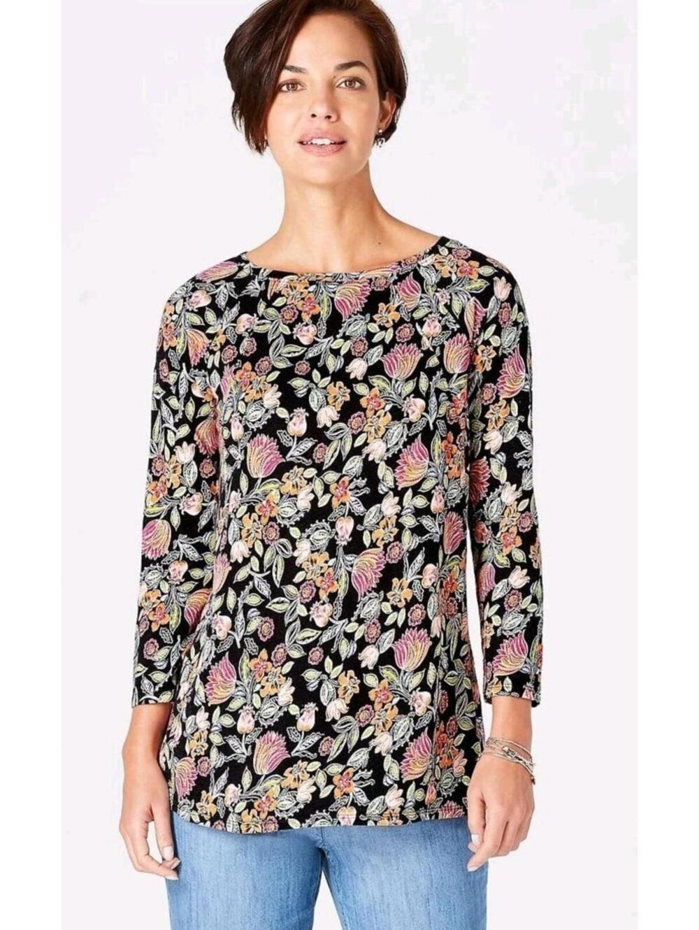 J. Jill ~ L Petite ~ NEW Very Pretty  Floral Top Seamed Boat-Neck Tee ~ NWT #C